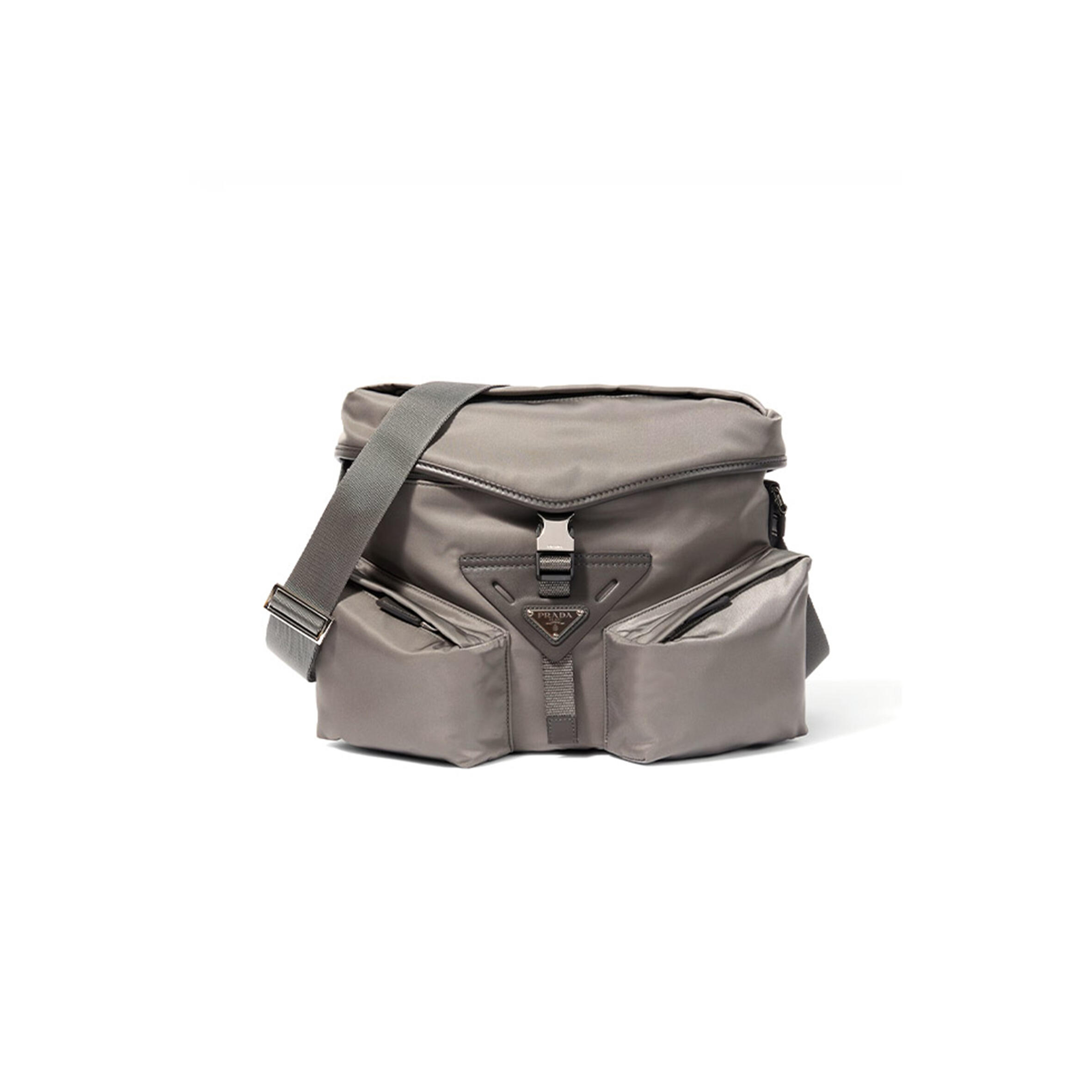 Pra*a iron gray re-nylon and leather shoulder bag 2vd062 (29*23*15cm)